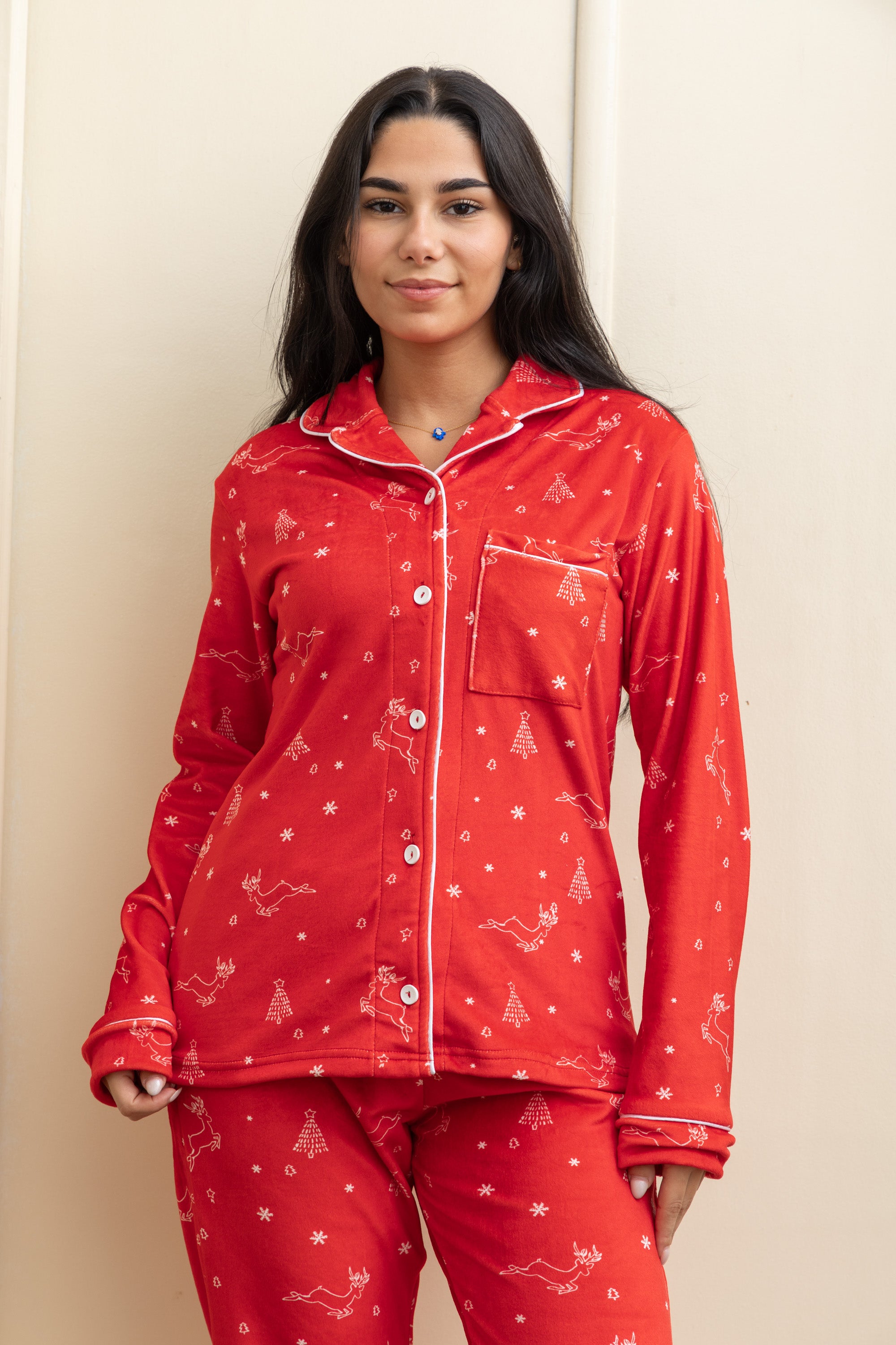 Image of Red Velvet-Touch Christmas Buttoned Pajama